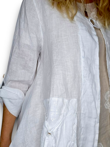 Helga May White Plain Sequin Pocket Linen Jacket
