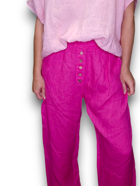 Helga May Hot Pink Plain Front Button Linen Pants
