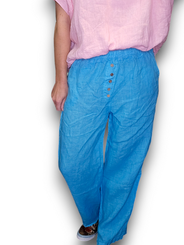 Helga May Turquoise Plain Front Button Linen Pants