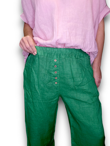Helga May Ivy Green Plain Front Button Linen Pants