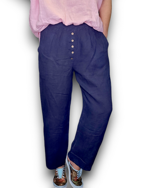 Helga May Navy Plain Front Button Linen Pants