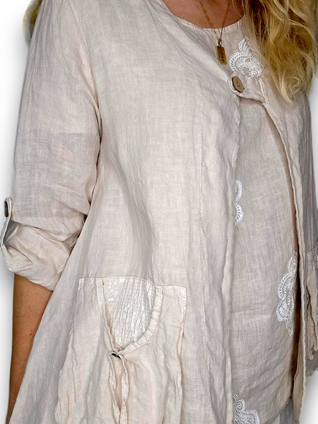 Helga May Beige Plain Sequin Pocket Linen Jacket