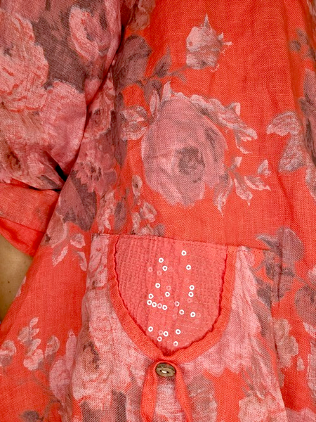 Helga May Coral Scarlett Rose Sequin Pocket Linen Jacket
