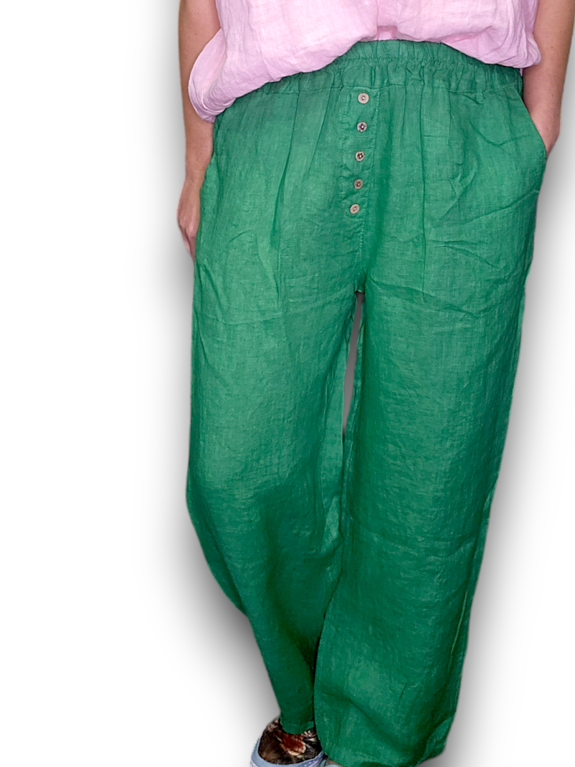 Helga May Ivy Green Plain Front Button Linen Pants