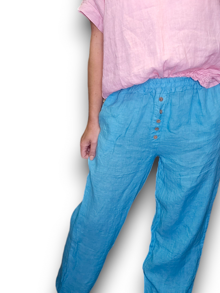Helga May Light Turquoise Plain Front Button Linen Pants