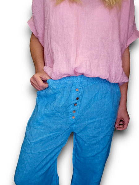 Helga May Light Turquoise Plain Front Button Linen Pants