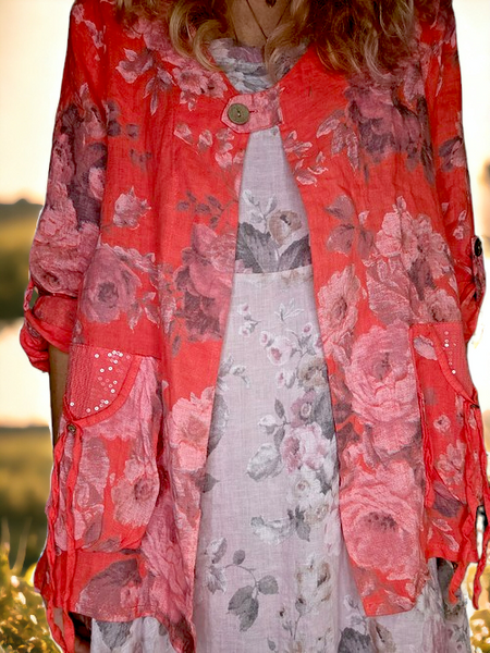Helga May Coral Scarlett Rose Sequin Pocket Linen Jacket