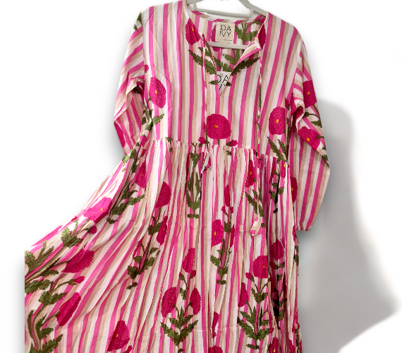 IDA IVY Pouf Sleeve Dress - Pink Dahlia Stripe (Helga May’s new sister brand)