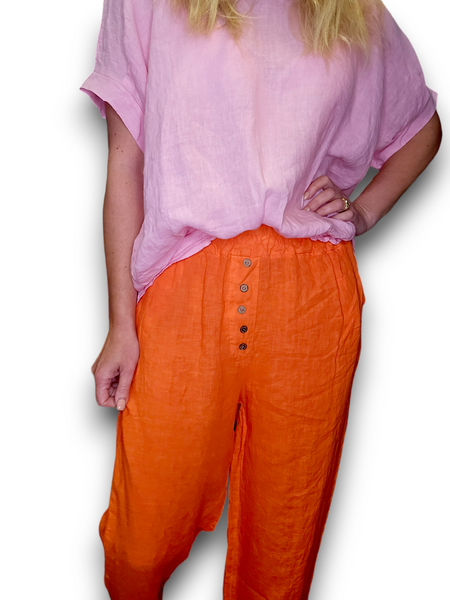 Helga May Orange Plain Front Button Linen Pants