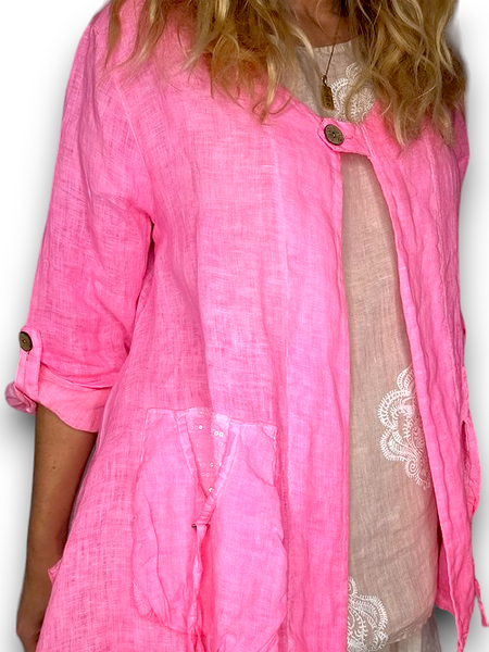 Helga May Neon Pink Plain Sequin Pocket Linen Jacket