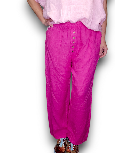 Helga May Hot Pink Plain Front Button Linen Pants
