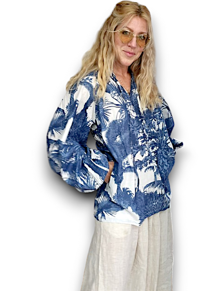 IDA IVY Resortwear - Pouf Sleeve Tunic in Palm Porcelain/Blue (Helga May’s new sister brand)