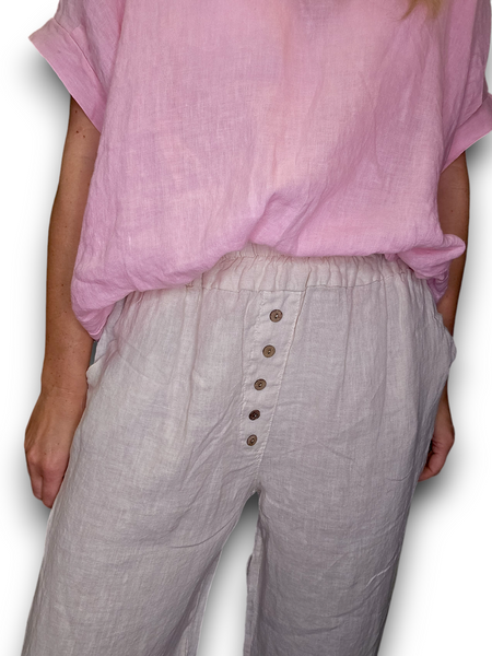 Helga May Beige Plain Front Button Linen Pants