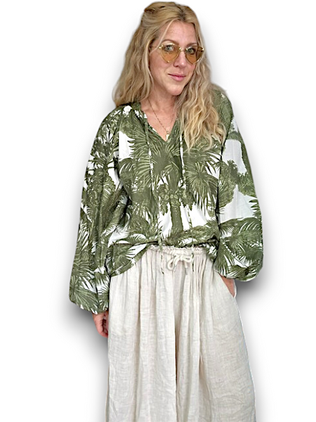 IDA IVY Resortwear - Pouf Sleeve Tunic in Palm Porcelain/Green (Helga May’s new sister brand)