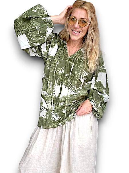 IDA IVY Resortwear - Pouf Sleeve Tunic in Palm Porcelain/Green (Helga May’s new sister brand)