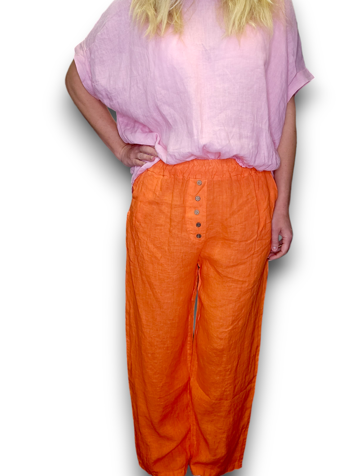 Helga May Orange Plain Front Button Linen Pants