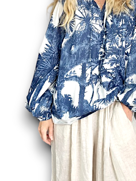 IDA IVY Resortwear - Pouf Sleeve Tunic in Palm Porcelain/Blue (Helga May’s new sister brand)