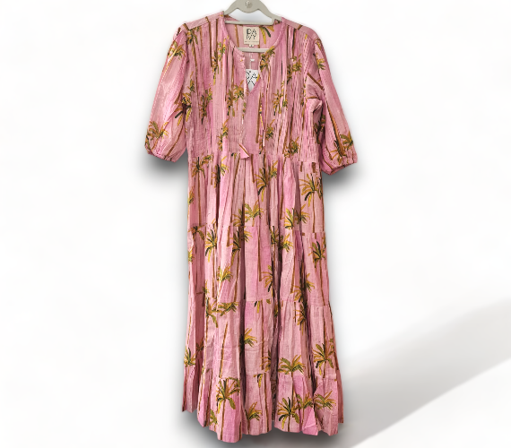 IDA IVY Pleated Short Sleeve Dress - Pink Palm Trees (Helga May’s new sister brand)