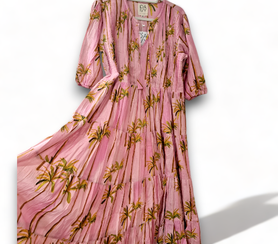 IDA IVY Pleated Short Sleeve Dress - Pink Palm Trees (Helga May’s new sister brand)