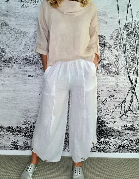Helga May White Plain Mini Button Linen Pants