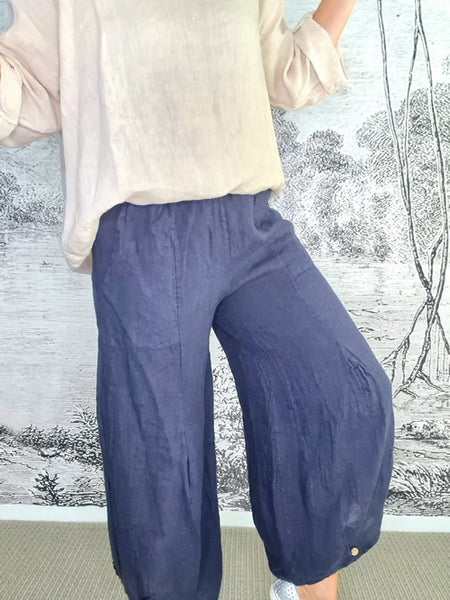 Helga May Navy Plain Mini Button Linen Pants