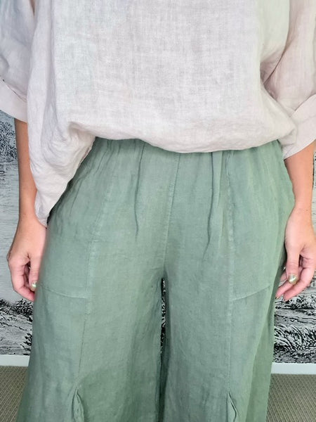 Helga May Forest Plain Mini Button Linen Pants