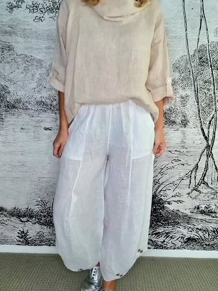 Helga May White Plain Mini Button Linen Pants