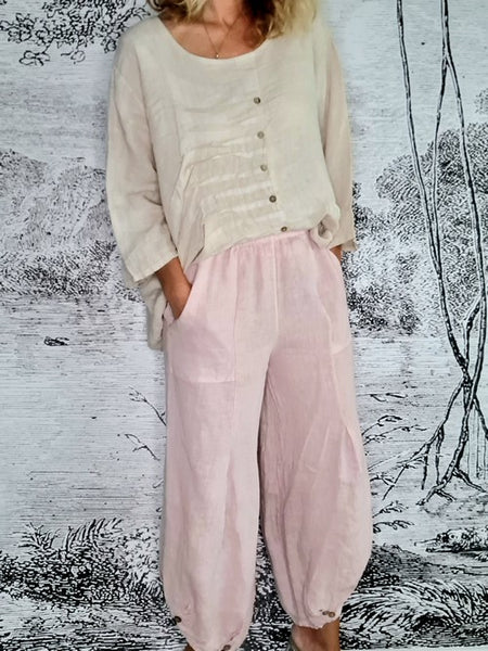 Helga May Pink Plain Mini Button Linen Pants