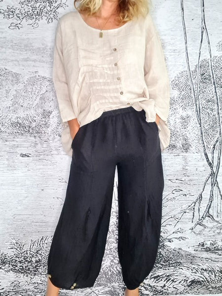 Helga May Black Plain Mini Button Linen Pants