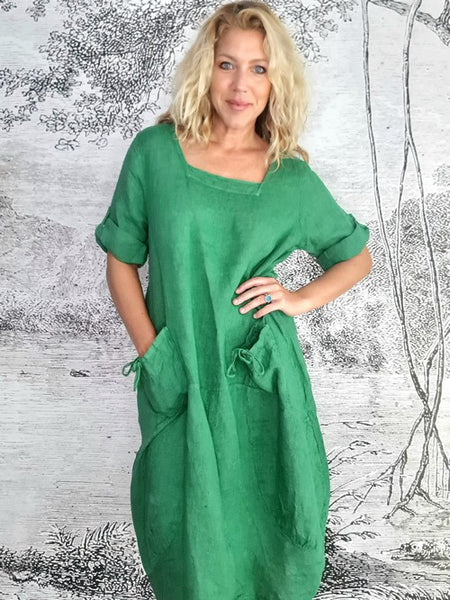 Helga May Leaf Green Plain Button Sleeve Maxi Dress