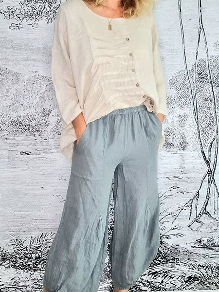 Helga May Grey Plain Mini Button Linen Pants