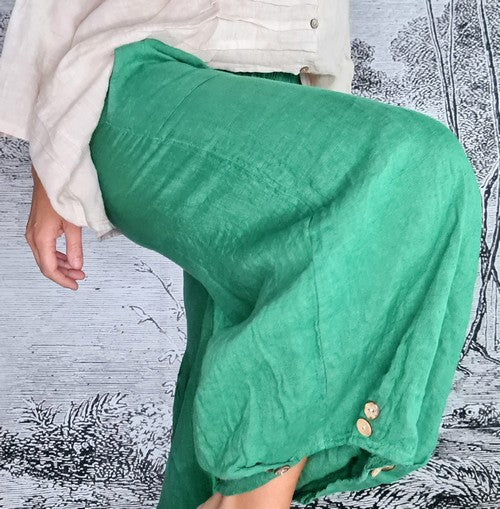 Helga May Leaf Green Plain Mini Button Linen Pants