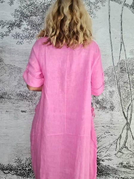 Helga May Bubblegum Pink Plain Button Sleeve Maxi Dress