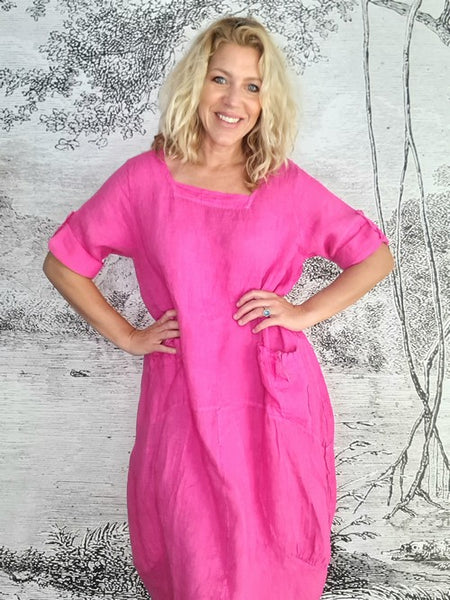 Helga May Hot Pink Plain Button Sleeve Maxi Dress